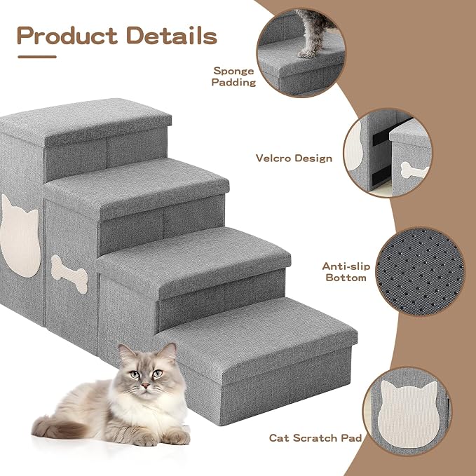 4-Step Wider Dog Steps for Bed 22" H, Foldable Dog Stairs with Storage, Non-Slip Pet Steps for Small Medium Large Dogs, Arthritis-Friendly Pet Stairs for Couch and Car Up to 200 lbs, Grey