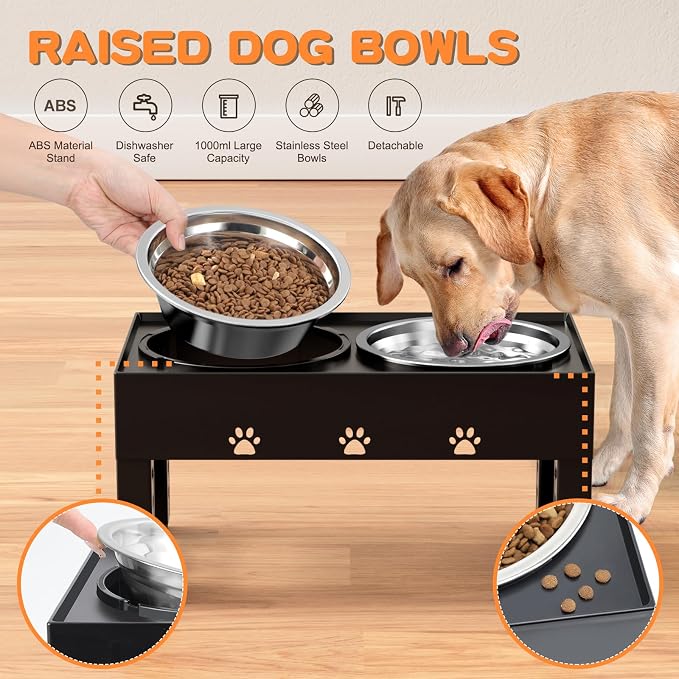 LAKIPETN Elevated Dog Bowls with Mat, Raised Dog Food Bowl Stand with 2 Stainless Steel Bowls, 5 Height Adjustable (3.1", 9", 10", 11", 12") Non-Slip Feeder Set for Medium and Large Dogs – Black