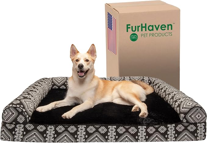 Furhaven Memory Foam Dog Bed for Large Dogs w/ Removable Bolsters & Washable Cover, For Dogs Up to 125 lbs - Plush & Southwest Kilim Woven Decor Sofa - Black Medallion, Jumbo Plus/XXL