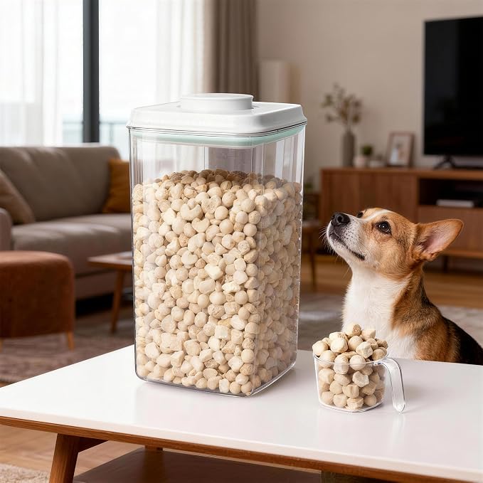 3-5 Lbs Dog Food Storage Container with 130ml Scoop, 5 Lbs, slicone / PET Plastic