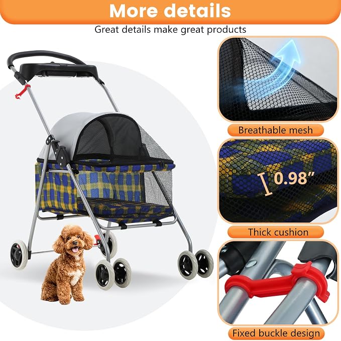 BestPet 4-Wheel Foldable Pet Stroller - Yellow Plaid, up to 33lbs