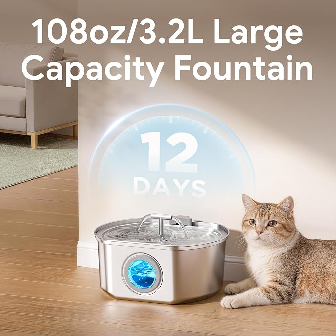 Cat Water Fountain Stainless Steel - Pet Drinking Fountain for Cats Indoor - 3.2L/108oz Automatic Water Dispenser with Watering Level Window (4 Filter)