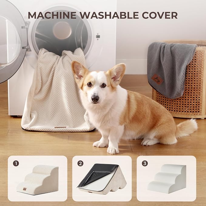 Dog Stairs for High Bed 13.5" H, 3-Step Dog Steps for Small Dogs and Cats, Pet Steps Ramp for Couch Sofa, Non-Slip Stable Indoor Pet Ladder with High Density Foam, Beige