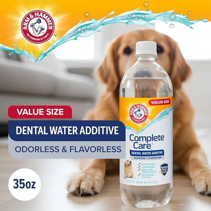 Arm & Hammer Complete Care Dog Dental Water Additive, 35 Fl Oz | Baking soda enhanced, tartar control, freshens breath, odorless and flavorless, no brushing required