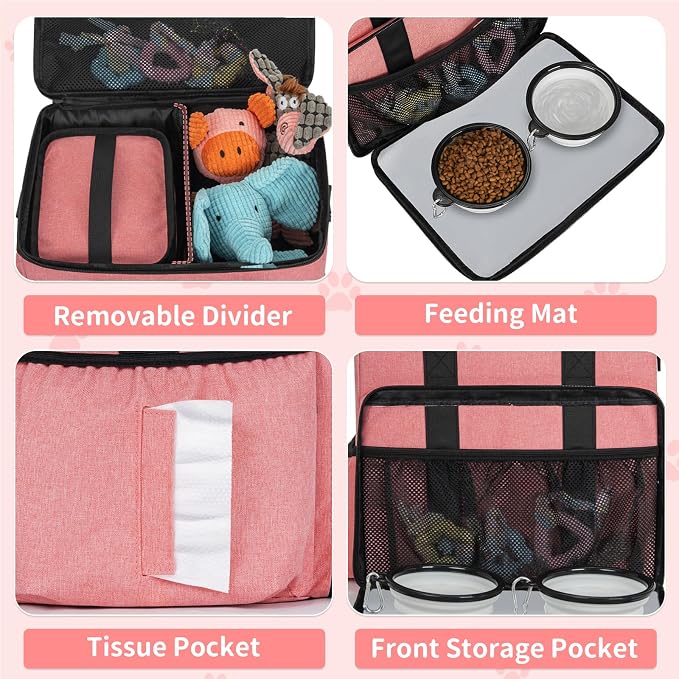 TORIBIO Dog Travel Bag,Large Pet Travel Bag for Supplies with 2 Food Container and Collapsible Bowls,Dog Travel Supplies Organizer Kit for Weekend,Road Trips,Camping
