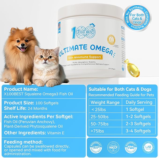 Fish Oil for Dogs and Cats, Omega-3 EPA DHA, 95% rTG, 100 Softgels