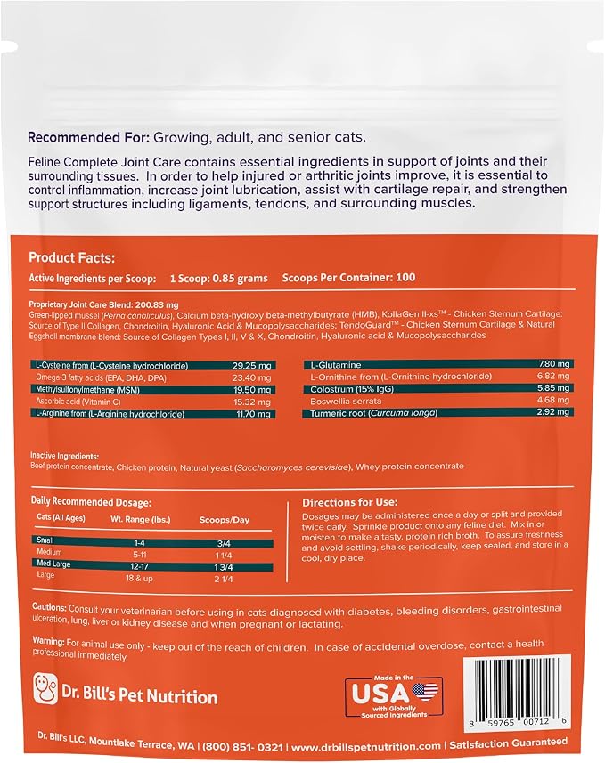 Dr. Bill’s Feline Complete Joint Care | Advanced Hip & Joint Supplement for Cats | Green Lipped Mussel Extract, Collagen Type II, Chondroitin, Hyaluronic Acid, Omega 3 and Colostrum | Powder, 85g