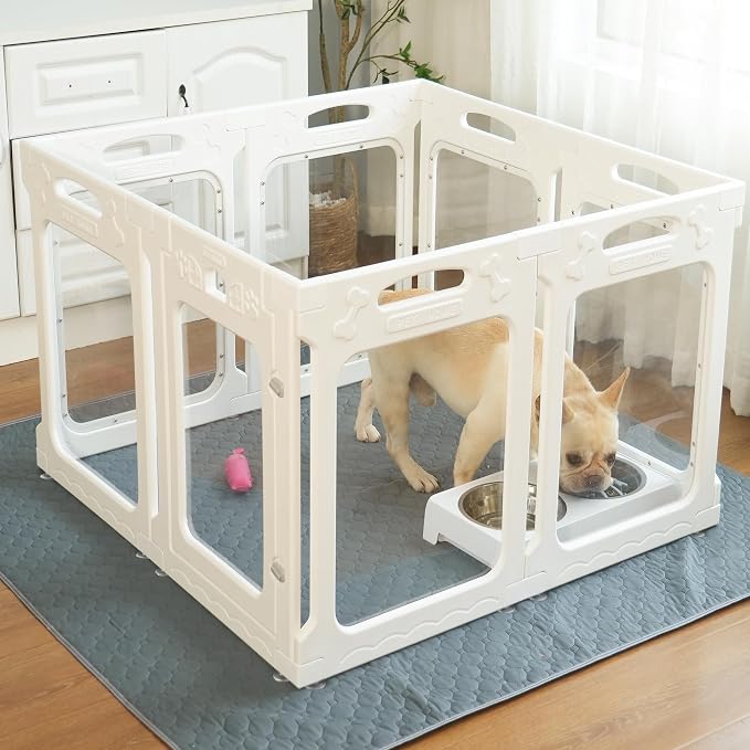 Clear Dog Playpen Extension Panel Set with 1 Door & 1 Side Panel, Height 24 inch, White