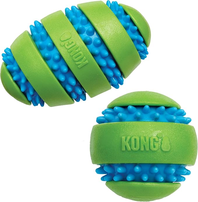 KONG Goomz Dog Toy – Durable Squeaky Chew Ball for Dental Health, Teeth & Gums Massage, Indoor/Outdoor Fetch Play (Football/Ball Combo)