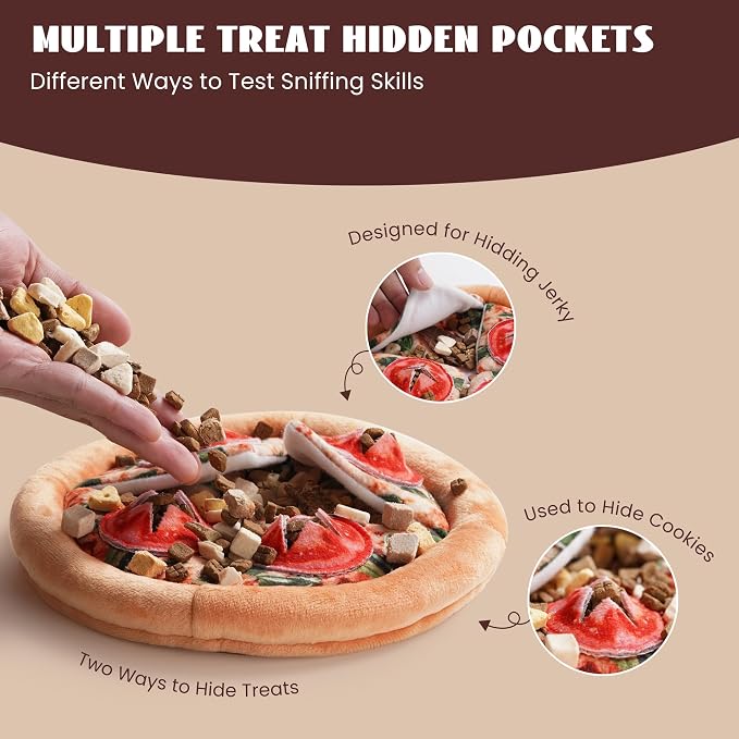 Nocciola Hide Treat Seek Pizza Dog Toy- Interactive Enrichment Burrow Snuffle Plush Stuffed Puppy Toys, Fun Crinkle Squeaky Durable Entertained Pet Supplies for Small Medium Large Breed
