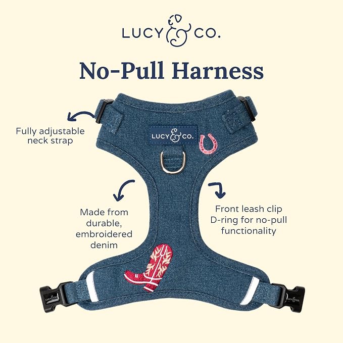 Lucy & Co. The Cute to Boot No-Pull Dog Harness for Dogs – Vest to Stop Pulling & Walk Easy – Comfortable Leash Training Product w/Adjustable Chest & Neck Straps - Demin Cowgirl - Small