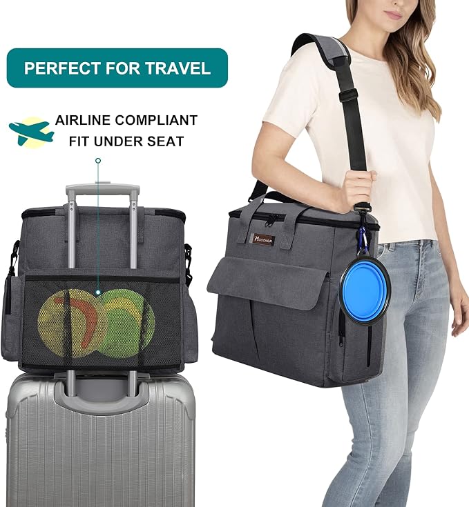 Modoker Airline Approved Pet Travel Bag Weekend Set with Food Containers & Bowls, Dark Gray
