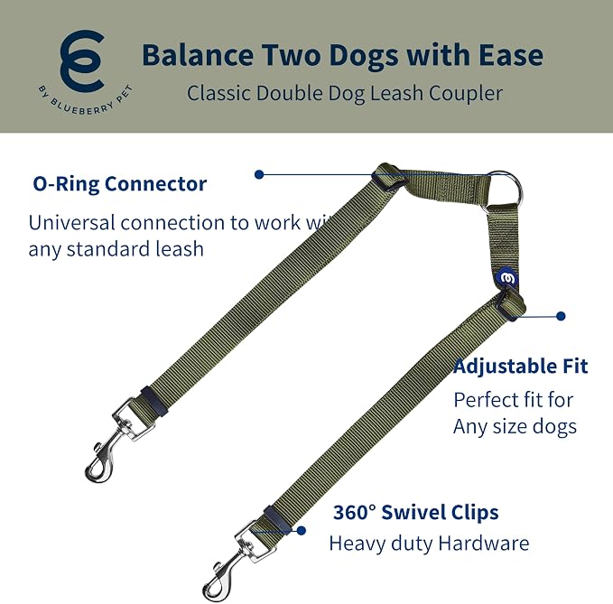 Blueberry Pet Essentials Durable Classic Double Dog Leash Coupler, Military Green, Medium/Large, Dual Walking & Training Leashes for Two Dogs
