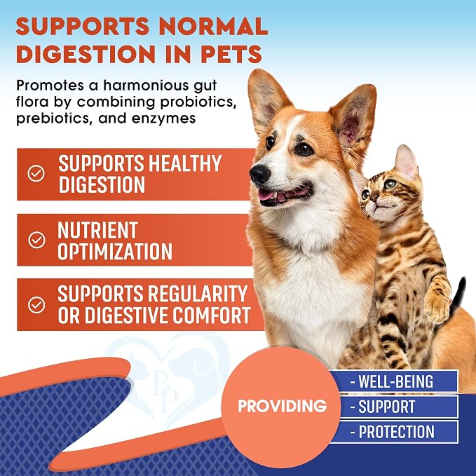 Probiotics & Prebiotics with Enzymes for Dogs and Cats - Digestive Gut Flora Health Pet Food Supplements - Constipation & Diarrhea and Gas Home Remedy - Upset Stomach Relief