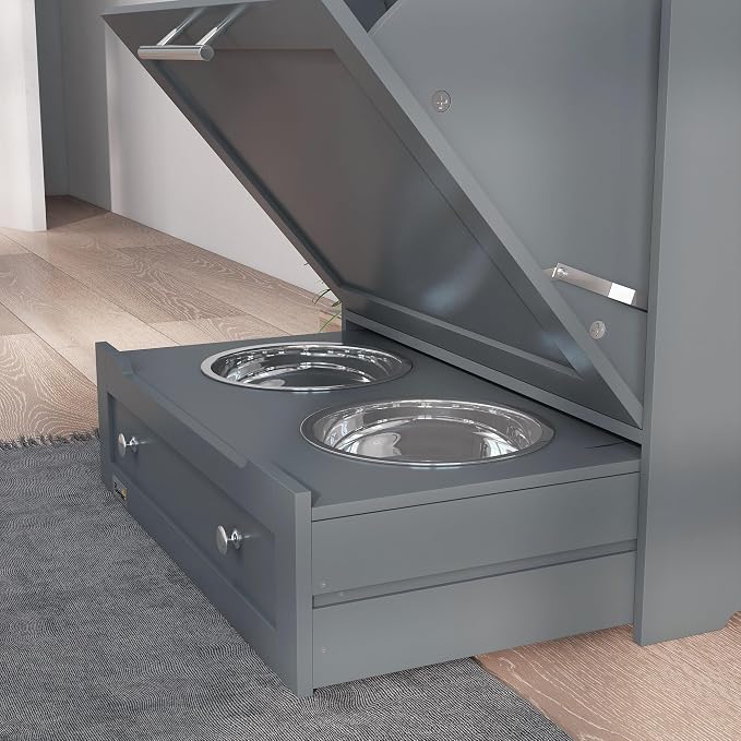 PawHut Dog Feeding Station with Raised Bowls, Dog Food Storage Cabinet with Hanger for Feeding & Watering Supplies, Pet Feeder Station, Gray