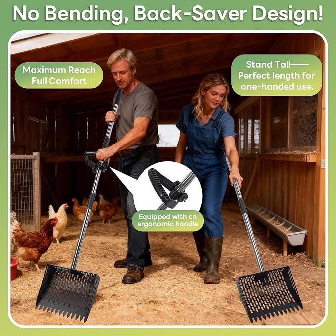 Chicken Poop Scooper & Rake 2-in-1, Adjustable 24'' to 66'' Metal Sand Sifting Shovel for Coop Cleaning, Effortless for Chicken Duck Rabbit Cages, Cat Litter, Fire Ash, Saving Time & Energy