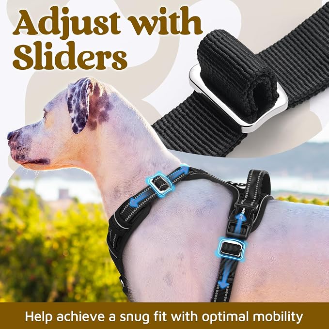 rabbitgoo Dog Harness Medium Sized, No Pull 3 Buckles Easy On & Off | Soft Padded, Walking with Control Handle, Adjustable and Reflective, Black, Medium
