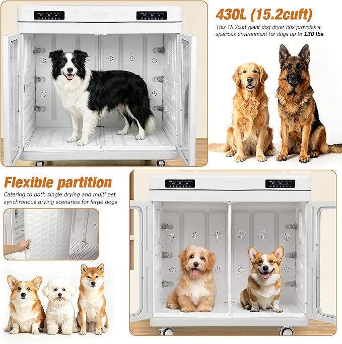 430L Large Dog Grooming Dryer, Ultra-Quiet <40dB Pet Drying Box Giant Breed | up to 130lbs, 360° Airflow with Negative Ion Care, Smart Temp Control, Foldable Blower for Salons & Multi-Pet Home