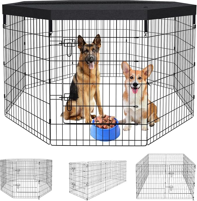 Pet Playpen Dog Pen Foldable Dog Exercise Fence 8 Panels 36 Inch Kennels Pet Playpen Options Ideal for Pet Medium Animals Outdoor Indoor (Playpen with Top Cover)