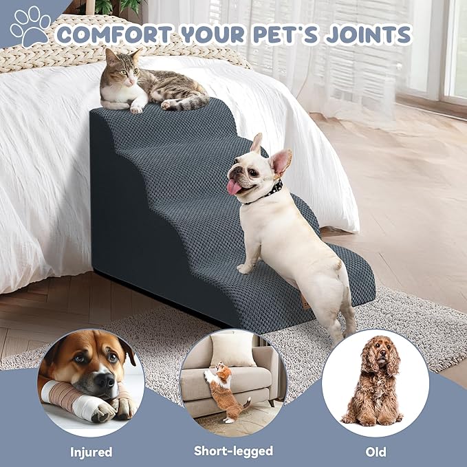Zerbuger Dog Ramp and Stair for Bed 16" H-20 H,3-Step Cat Stair for Sofa and Chair,4-Step Dog Ramp for High Bed and Window,Durable Nonslip Fabric Cover for Indoor (Dark Grey-20 H, Pet Friendly, 4)