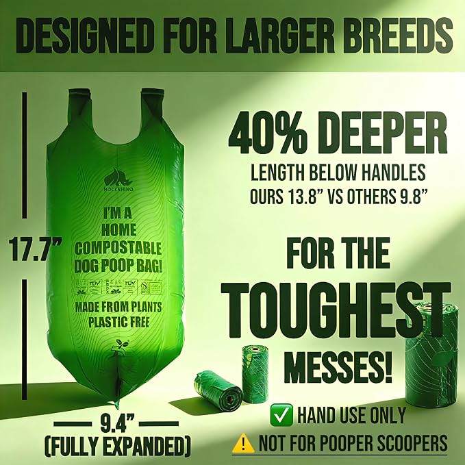 Ultra Thick & Deep RockRhino Dog Poop Bags for Large & XL Breeds | 4-Layer Interlocked Bottom | 100% Home Compostable, 0% Plastic | Vanilla-Scented | 60 Bags, Easy Open Tie Handles, Not for Scooper