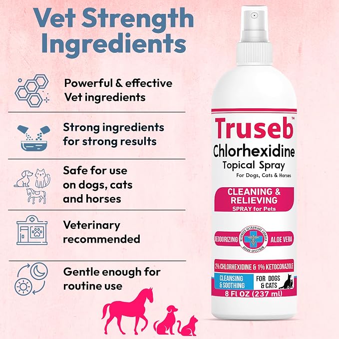 Truseb Medicated Topical Ketoconazole and Chlorhexidine Spray for Dogs, Cats, and Horses with Essential Fatty Acids, Ketoconazole Spray Aloe and Vitamin E (Ketoconazole & Chlorhexidine Spray, 16 oz)