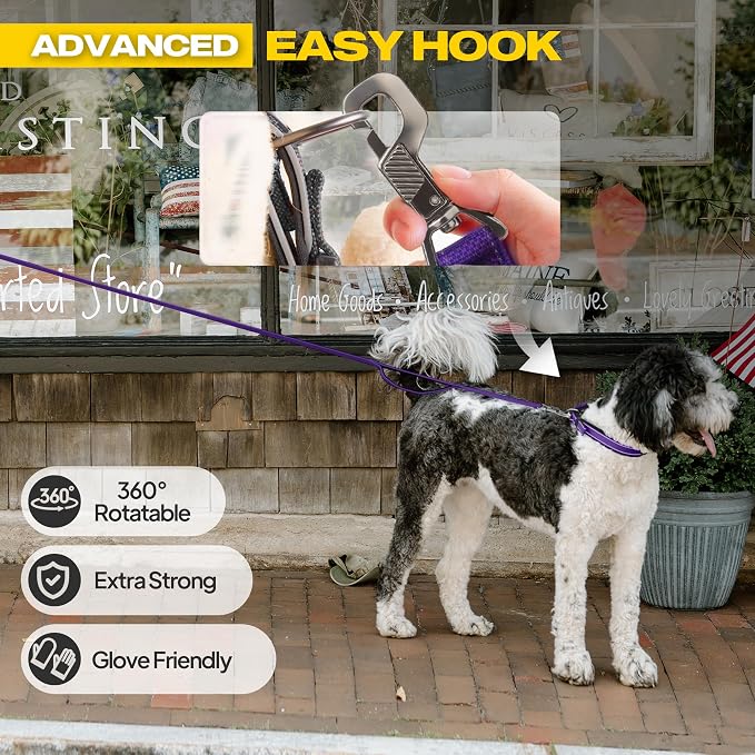 Fida 10ft Heavy Duty Dog Leash with 2 Comfortable Padded Handles, Traffic Handle & Advanced Easy Snap Hook, Reflective Walking Lead for Large, Medium & Small Breed Dogs, Purple