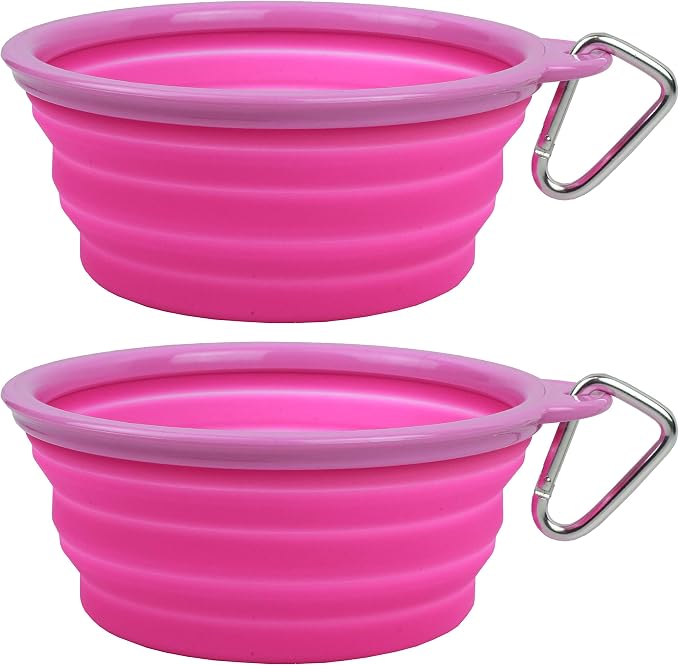 Collapsible Silicone Water Travel Bowl with Clip, Large 5 Cups, Pink, 2 Pack