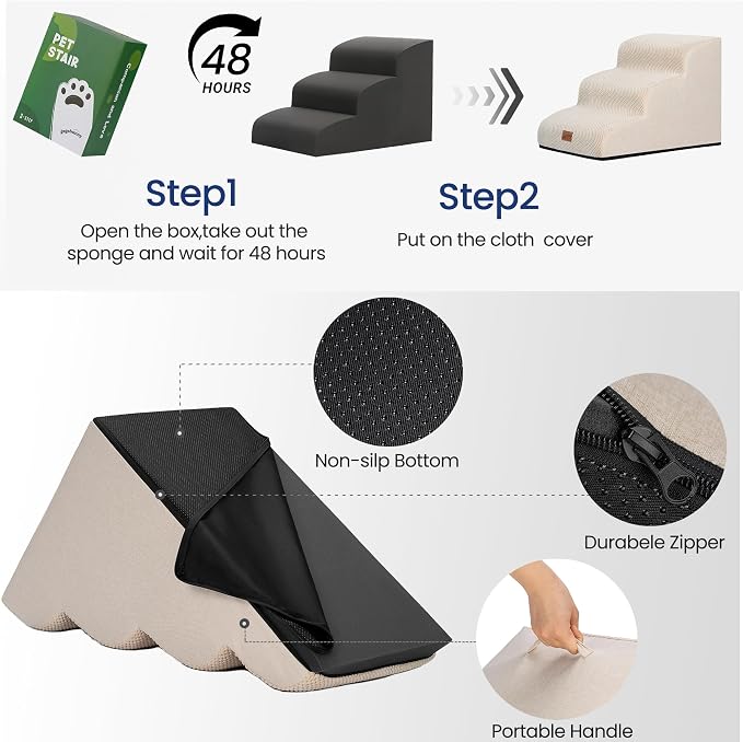 GoGoBunny Ramp Dog Stairs for Couch Sofa and Chair 11.8" H, 2-Step Pet Steps for Small Dogs and Cats, Non-Slip Waterproof Fabric Cover, Stable and Balanced Indoor Step, Pets Friendly, Beige