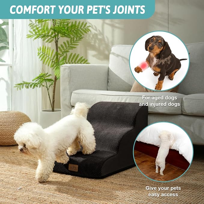 COZY KISS Dog Stairs for Small Dogs 15.7" H, Curved Dog Step for Puppy, Older Cat, Medium Pet Ramp for Sofa, Couch or Chair, Ladder with High Density Foam, 3 Step, 15.7x22.4x15.7 inch, Black