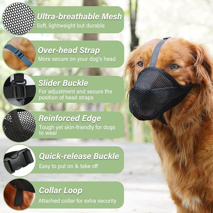 Dog Muzzle, Patented Soft Mesh Muzzle for Scavenging | Black, M | For Medium Large Dogs Biting Licking Chewing, For Walking Vet Visits Grooming Training, Adjustable, Allows to Pant and Drink