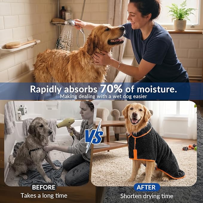 Bienbee Dog Bathrobe, Quick Drying Super Absorbent Pet Robes for Small Medium Large Dogs, Drying Coat for After Bath & Swim, Warm & Cozy Dogs Towels, Dog Puppy Bath Supplies, Black XL