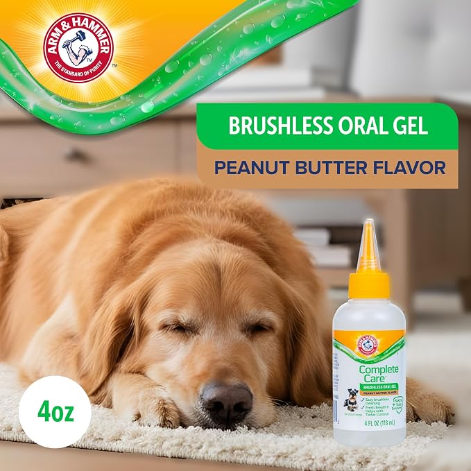 Arm & Hammer Complete Care Brushless Oral Dog Gel, Peanut Butter, 4 Oz | Rub-on formula, no brushing required, baking soda enhanced, freshens breath, controls tartar daily use