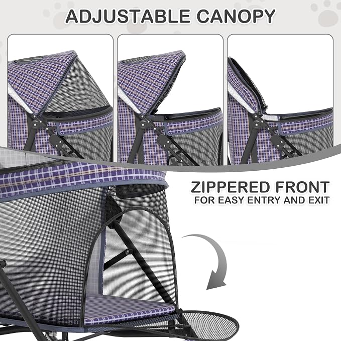 MoNiBloom 4-Wheel Foldable Pet Stroller - Plaid, up to 22lbs