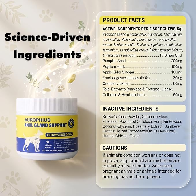 Anal Gland Support Soft Chews for Dogs, Natural Fiber Supplement with Pumpkin, Psyllium Husk, Probiotics & Enzymes, Reduces Scooting, Supports Gut, Digestive & Bowel Health, 120 Ct