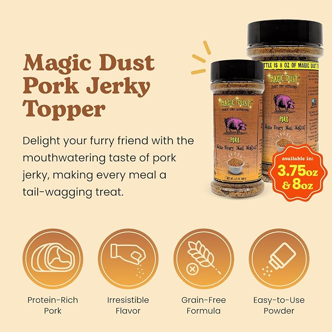 Magic Dust Pork Jerky Topper, Single Protein Pet Food Topper for Dogs & Cats, Enhance Flavor & Elevate Mealtime Excitement for Picky Eaters - 3.5 Ounce Bottle in Pork Flavor
