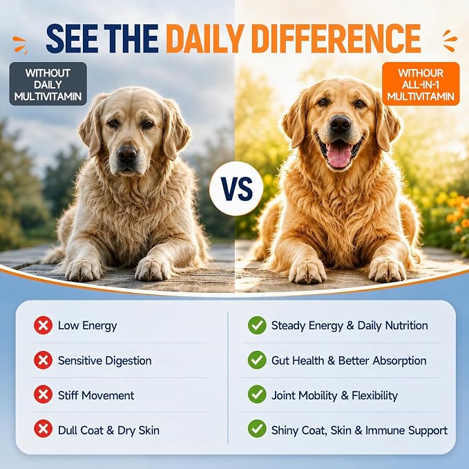 All-in-1 Dog Multivitamin Chewable Supplements & Vitamins with Glucosamine, Probiotics, Omega-3 for Itchy Skin, Hip Joint, Gut, Immune Support,Puppy & Senior – 90 Chews