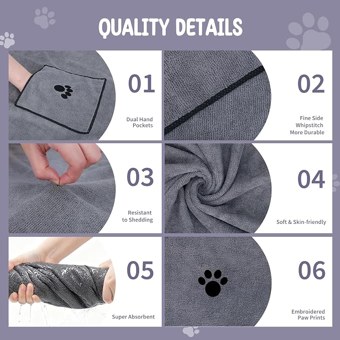 ATONET Microfiber Dog Towel with Two Pockets for Drying, 40"x23.6" Super Absorbent Pet Grooming Towel, Soft and Quick Drying for Large Dogs, Shower & Bath Supplies (Grey)