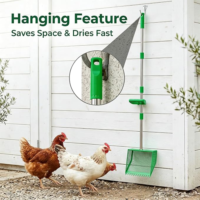 TOOGE Large Chicken Poop Scooper: 2-in-1 Metal Pooper Scooper & Rake Adjustable 62" Long Handle Stainless Steel Sand Sifting Litter Shovel Chicken Coop Scoop Cleaning Tool for Goat Yard Bright Green