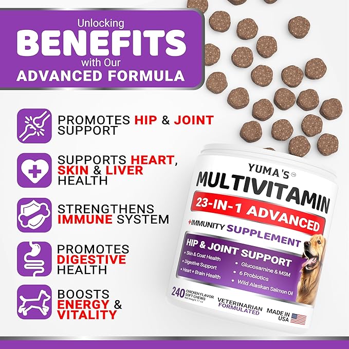 Dog Vitamins and Supplements, 240 Treats, Dog Multivitamin with Glucosamine | Senior & Puppy Multivitamin for Dogs, Hip & Joint Support, Immune Health, Skin, Heart, Digestion, Probiotics, Vet Formulated
