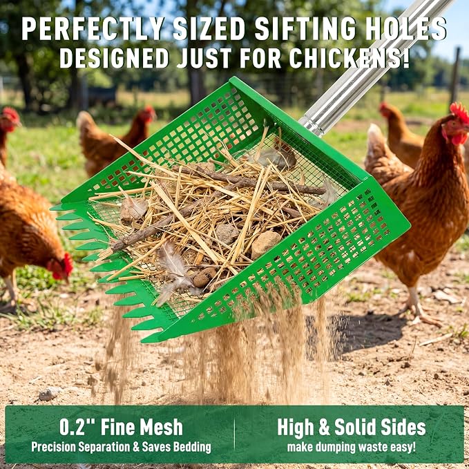 TOOGE Large Chicken Poop Scooper: 2-in-1 Metal Pooper Scooper & Rake Adjustable 62" Long Handle Stainless Steel Sand Sifting Litter Shovel Chicken Coop Scoop Cleaning Tool for Goat Yard Bright Green