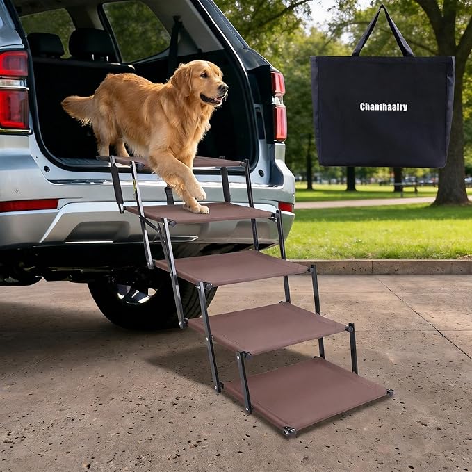 Dog Stairs for Car, 5 Steps Extra Wide Dog Ramps for Large Dogs, Foldable Lightweight Pet Steps for High SUV Truck Bed Couch, Heavy Duty Anti-Scratch Climbing Ladder, 110lbs Capacity