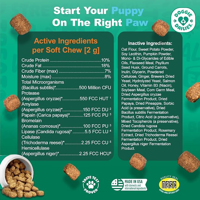 Doggie Dailies Puppy Probiotic Soft Chews, Digestive, Pumpkin, 120 Count