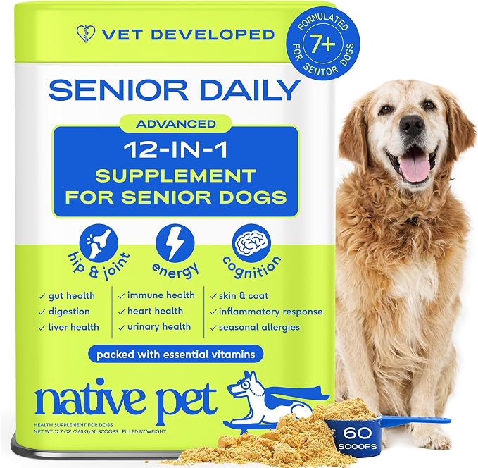 Native Pet Senior Daily Dog Vitamins & Supplements – 12-in-1 Dog Multivitamin Powder for Senior Dogs – Supports Mobility, Cognition, Digestion, Immune Health & More – 60 Scoops