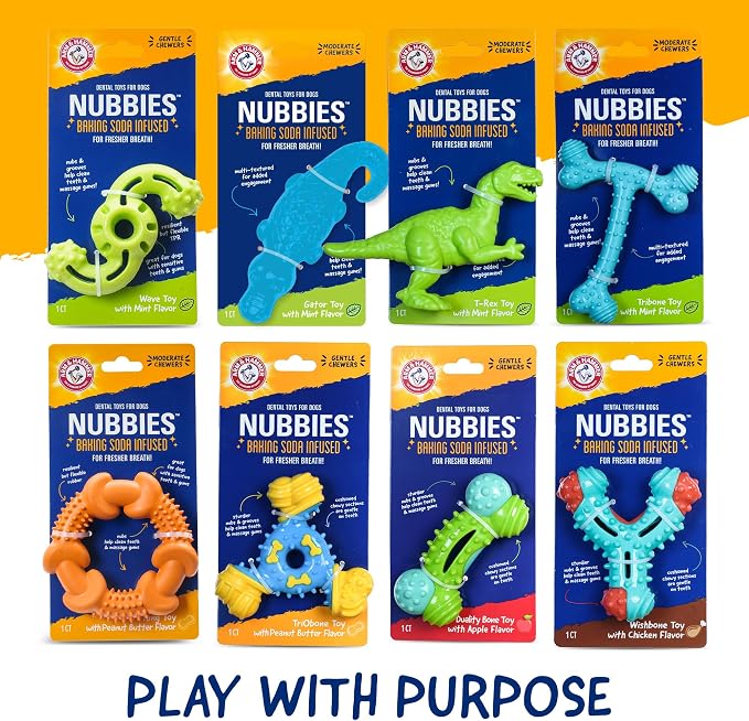 Arm & Hammer Nubbies Gator Dog Dental Chew Toy, Mint Flavor, 24-Pack | Baking soda infused, scrubbing grooves reduce plaque and tartar, no stuffing, for moderate chewers daily