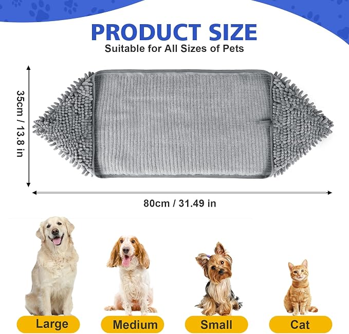 WOUSEDO Quick Dry Shammy Dog Towel, Super Absorbent Microfiber & Chenille Pet Bath Towel for Dogs, Extra Large 13.8 x 31.5 Inches, Wash Grooming Towels for Small to Large Pets (1- Pack Grey)