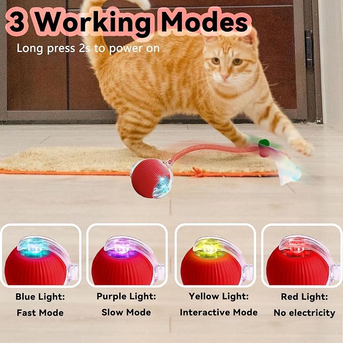 Speedy 2.0 Tail 2 Packs Interactive Cat Toys for Indoor Cats, Automatic Cat Toy with Elastic Mesh Tail, Electric Rolling Ball on Carpet, Chirping and Motion Activate Cat