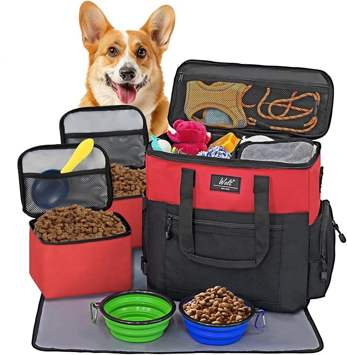 WOLT Dog Travel Bag with Bowls, Food Containers & Place Mat, Red