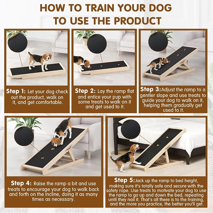 Dog Ramp for Couch, Adjustable Height Ramps for Pets to Get on Bed | Height from 18" to 23.6", with Traction Rubber Mat, Capacity 110ibs, Wooden Portable Stairs for Small Dogs