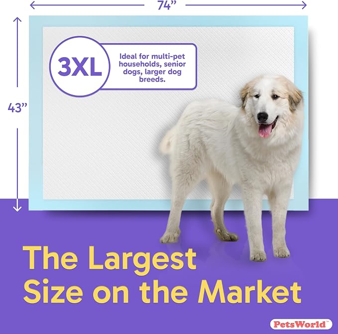 PETSWORLD Premium Extra Large Dog Pee Pads (43" x 74") – Jumbo Puppy Training & Incontinence Pads for Large Dogs & Multi-Pet Homes – Leak-Proof, Odor Control, 5-Layer Absorbency, 25 Count